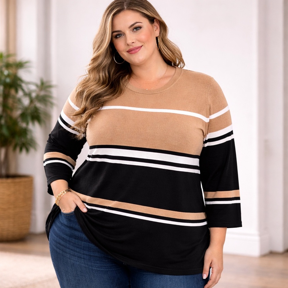 Liz & Me 3X Striped Tunic Plus Size Colorblock 3/4 Sleeve Casual Chic